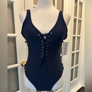 Tinibikini NWT Blue Lace-Up Swimsuit with V-Neck and High-Cut Leg, Women’s Sz. L